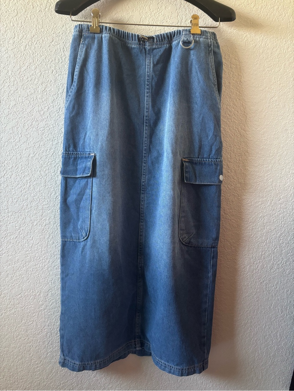 Simple Society Denim Cargo Maxi Skirt - Blue Jean Utility Skirt Large